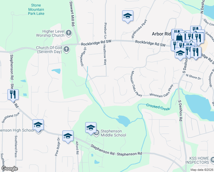 map of restaurants, bars, coffee shops, grocery stores, and more near 548 Cathwood Lane in Stone Mountain