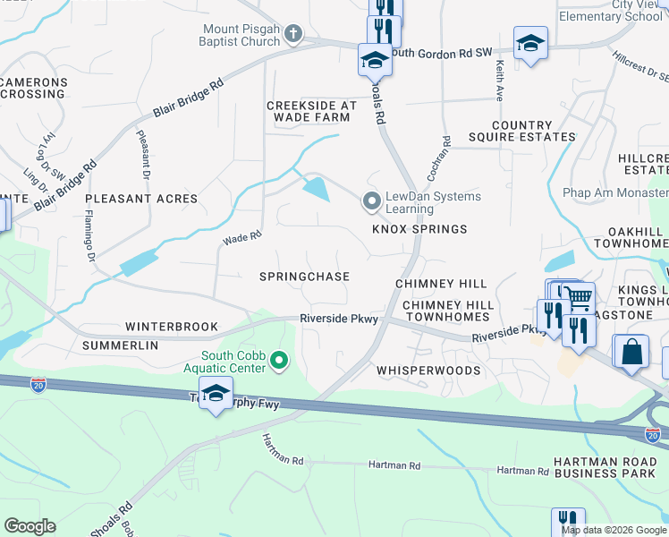 map of restaurants, bars, coffee shops, grocery stores, and more near 7136 Springchase Way in Austell