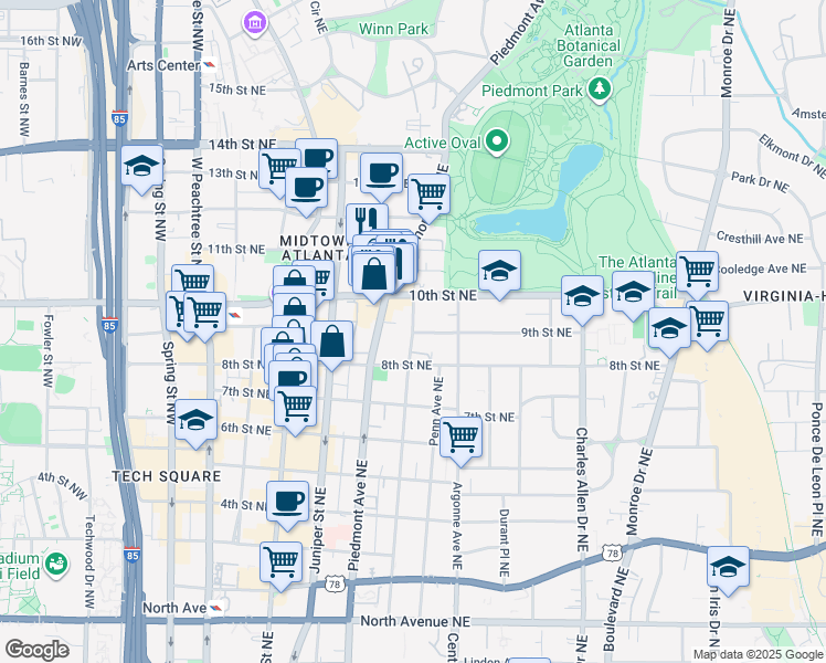 map of restaurants, bars, coffee shops, grocery stores, and more near Myrtle St NE & 9th St NE in Atlanta