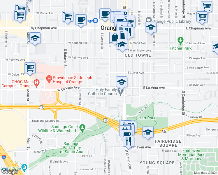 map of restaurants, bars, coffee shops, grocery stores, and more near 230 West La Veta Avenue in Orange