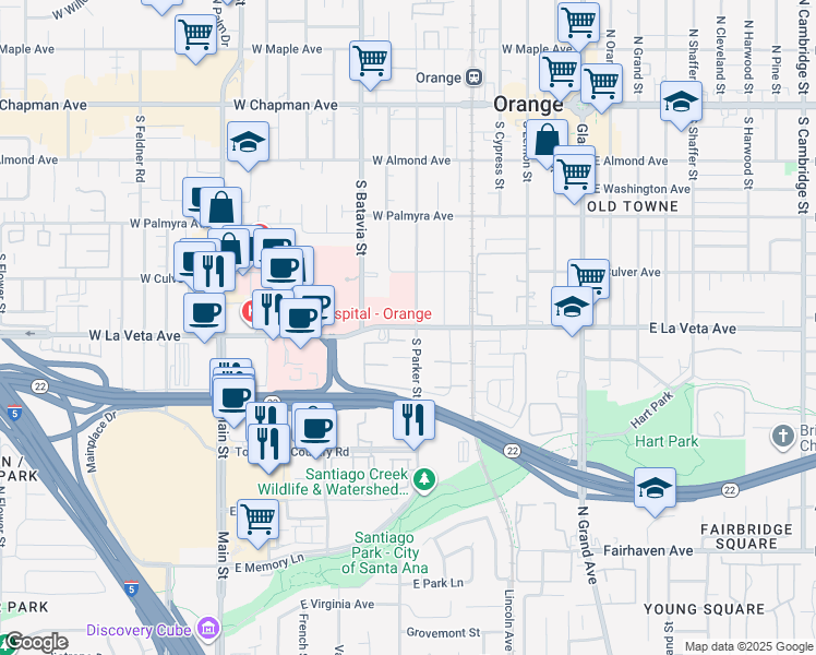 map of restaurants, bars, coffee shops, grocery stores, and more near 535 South Parker Street in Orange