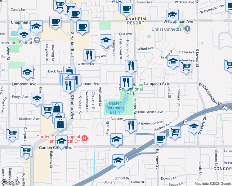 map of restaurants, bars, coffee shops, grocery stores, and more near in Garden Grove