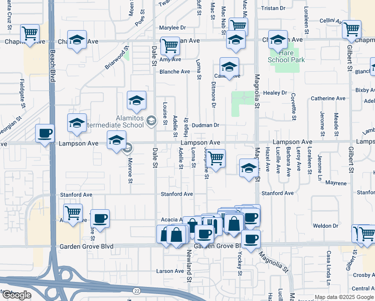 map of restaurants, bars, coffee shops, grocery stores, and more near 12551 Lorna Street in Garden Grove