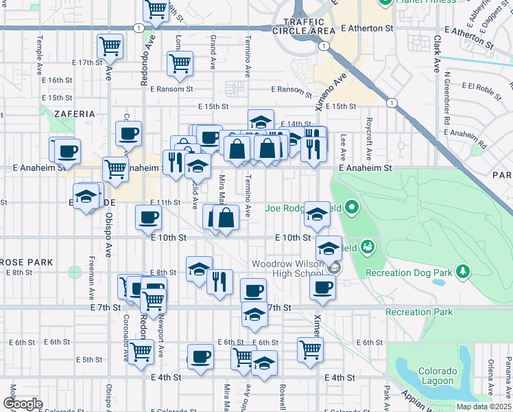 map of restaurants, bars, coffee shops, grocery stores, and more near 1053 Termino Avenue in Long Beach