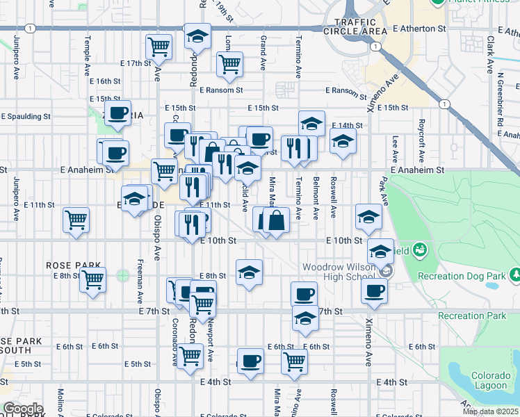 map of restaurants, bars, coffee shops, grocery stores, and more near 1054 Euclid Avenue in Long Beach