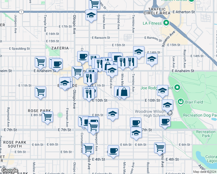 map of restaurants, bars, coffee shops, grocery stores, and more near 1054 Euclid Avenue in Long Beach