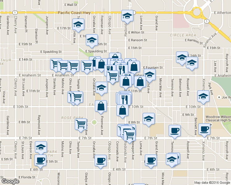 map of restaurants, bars, coffee shops, grocery stores, and more near 1048 Coronado Avenue in Long Beach