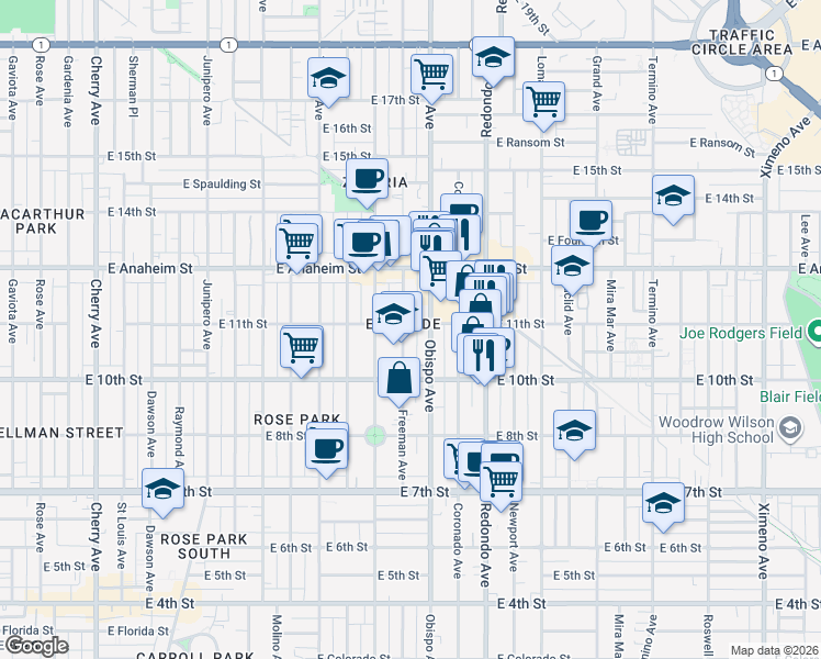 map of restaurants, bars, coffee shops, grocery stores, and more near 1049 Obispo Avenue in Long Beach