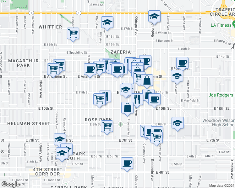 map of restaurants, bars, coffee shops, grocery stores, and more near 1063 Orizaba Avenue in Long Beach