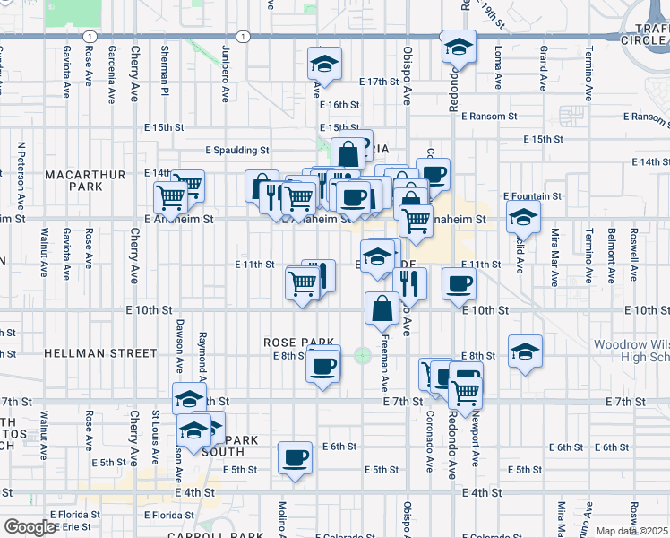 map of restaurants, bars, coffee shops, grocery stores, and more near 1051 Gladys Avenue in Long Beach
