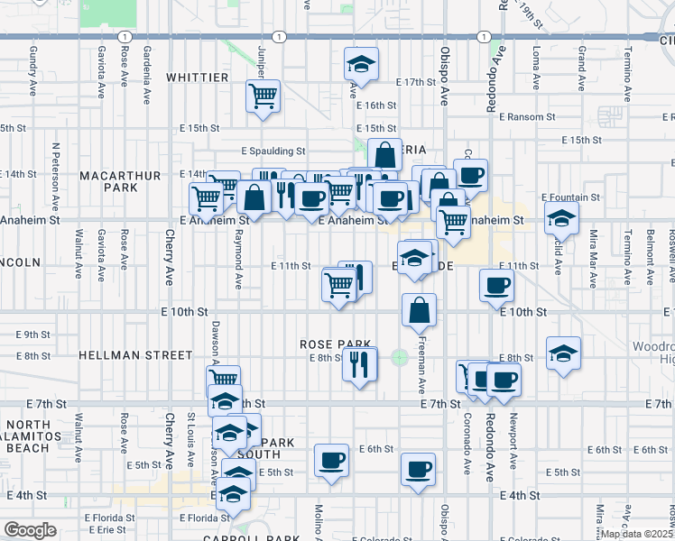 map of restaurants, bars, coffee shops, grocery stores, and more near 1064 Ohio Avenue in Long Beach