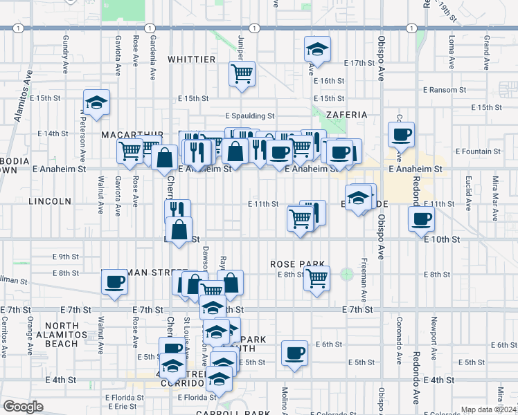 map of restaurants, bars, coffee shops, grocery stores, and more near 1051 Stanley Avenue in Long Beach