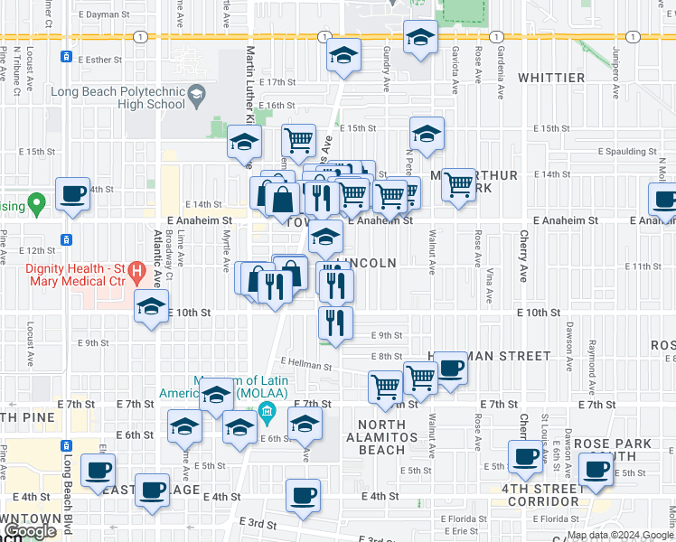 map of restaurants, bars, coffee shops, grocery stores, and more near 1050 Orange Avenue in Long Beach