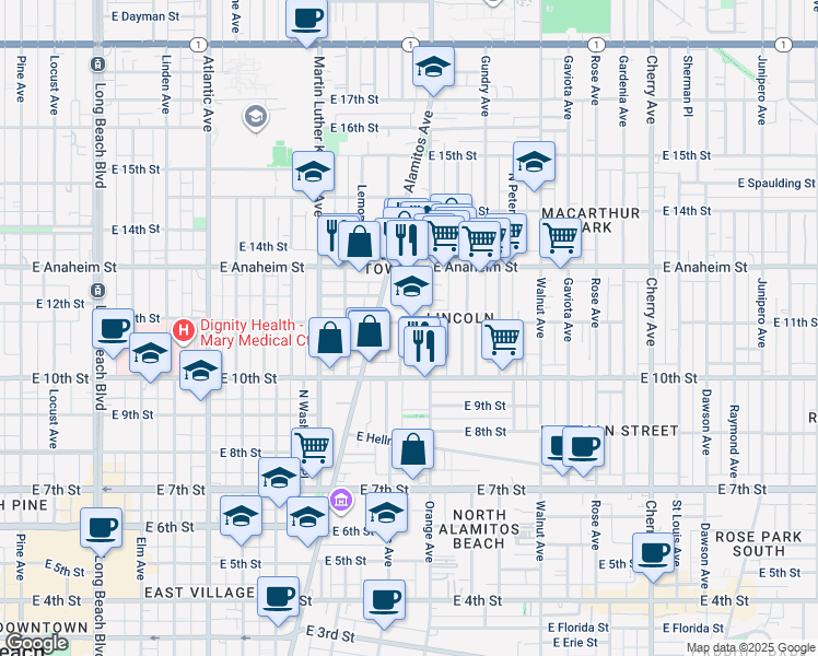 map of restaurants, bars, coffee shops, grocery stores, and more near 1053 Cerritos Avenue in Long Beach