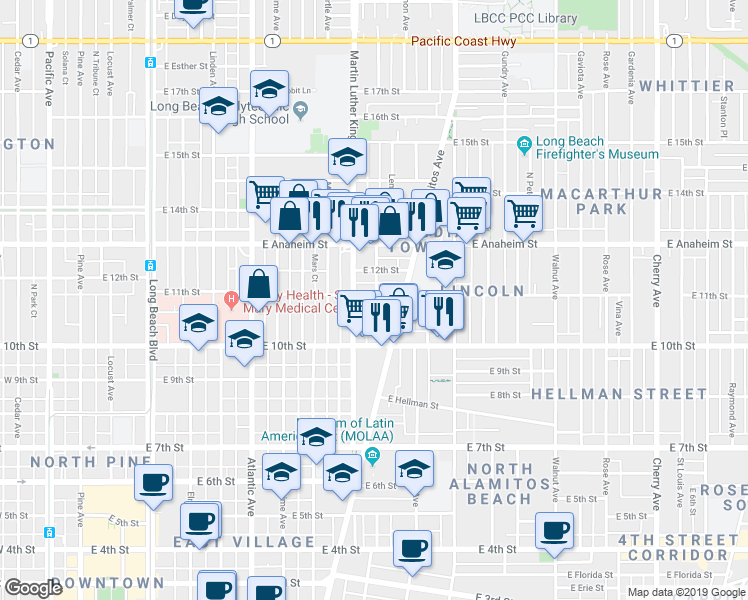 map of restaurants, bars, coffee shops, grocery stores, and more near 1052 Martin Luther King Junior Avenue in Long Beach