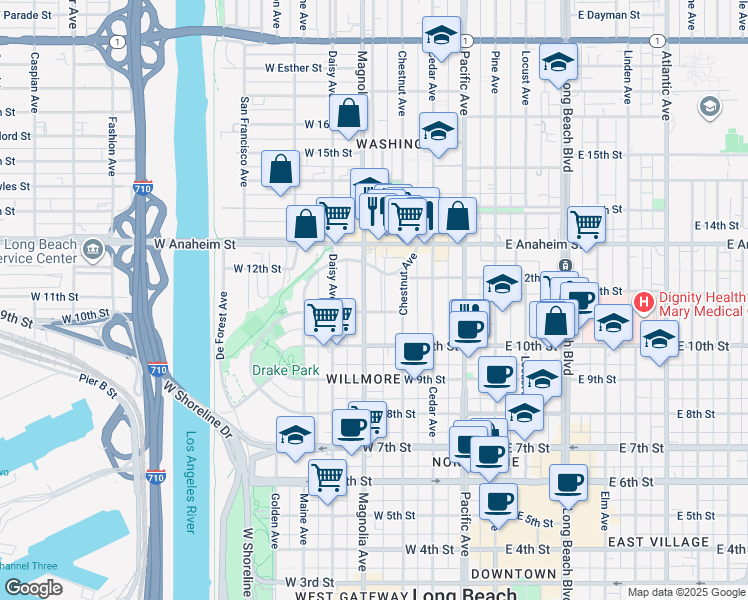 map of restaurants, bars, coffee shops, grocery stores, and more near 428 West 11th Street in Long Beach