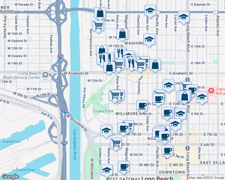 map of restaurants, bars, coffee shops, grocery stores, and more near 620 Nylic Court in Long Beach