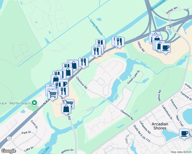 map of restaurants, bars, coffee shops, grocery stores, and more near 6 Chestnut Road in Myrtle Beach