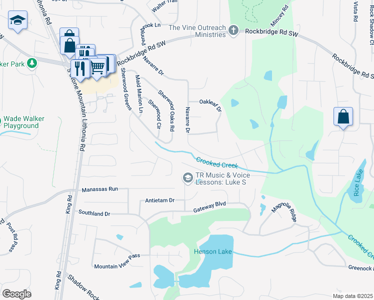map of restaurants, bars, coffee shops, grocery stores, and more near 563 Navarre Drive in Stone Mountain