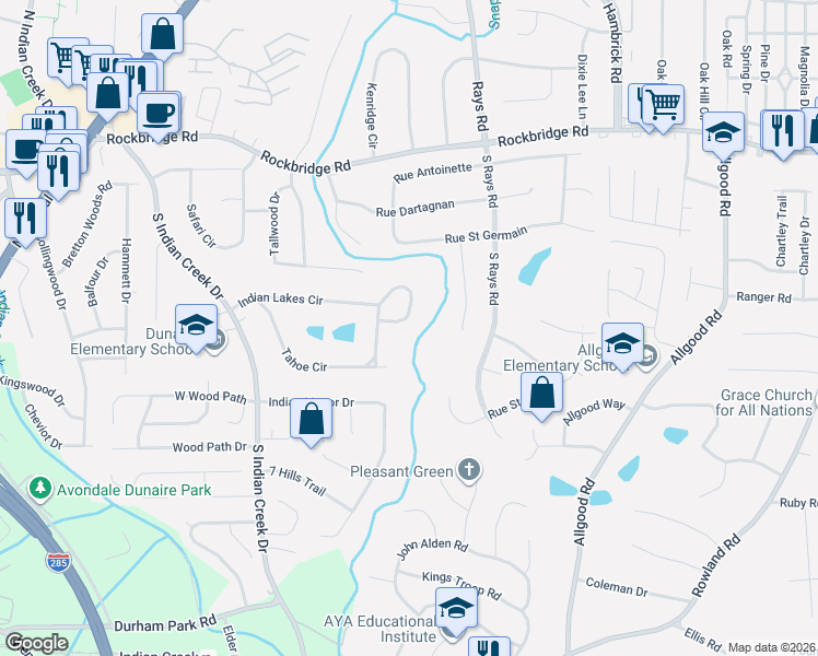 map of restaurants, bars, coffee shops, grocery stores, and more near 4138 Indian Lakes Circle in Stone Mountain