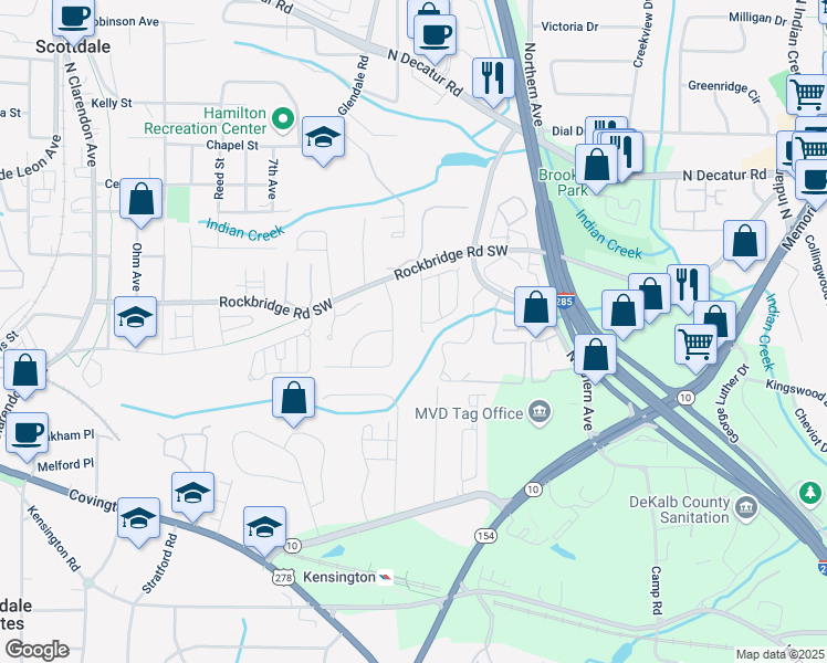 map of restaurants, bars, coffee shops, grocery stores, and more near 485 Kensington Parc Drive in Avondale Estates