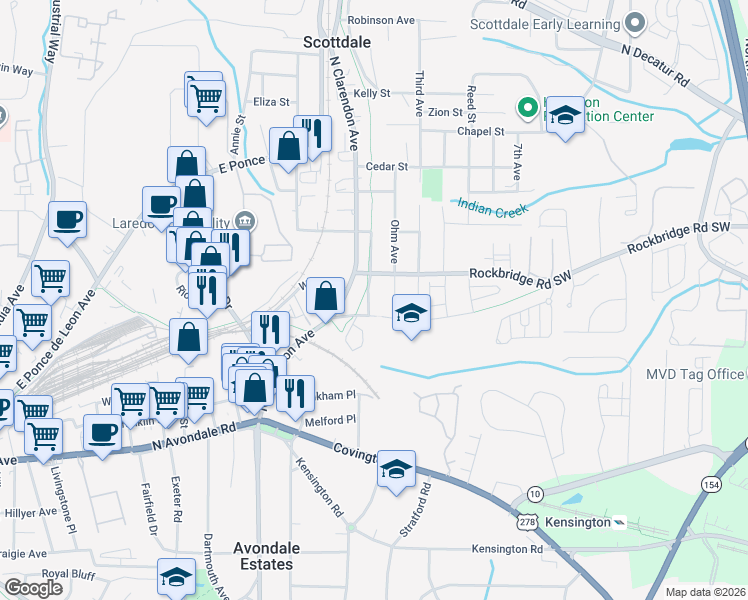 map of restaurants, bars, coffee shops, grocery stores, and more near 213 1st Avenue in Avondale Estates
