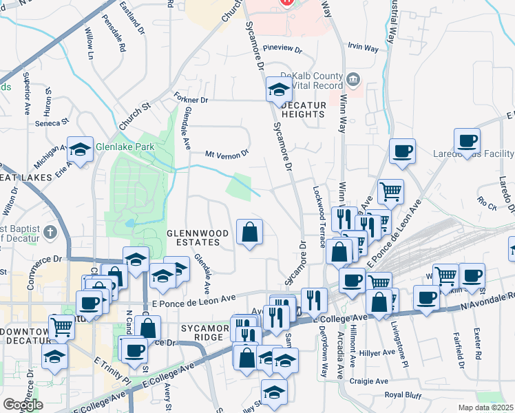 map of restaurants, bars, coffee shops, grocery stores, and more near 350 Hillcrest Avenue in Decatur