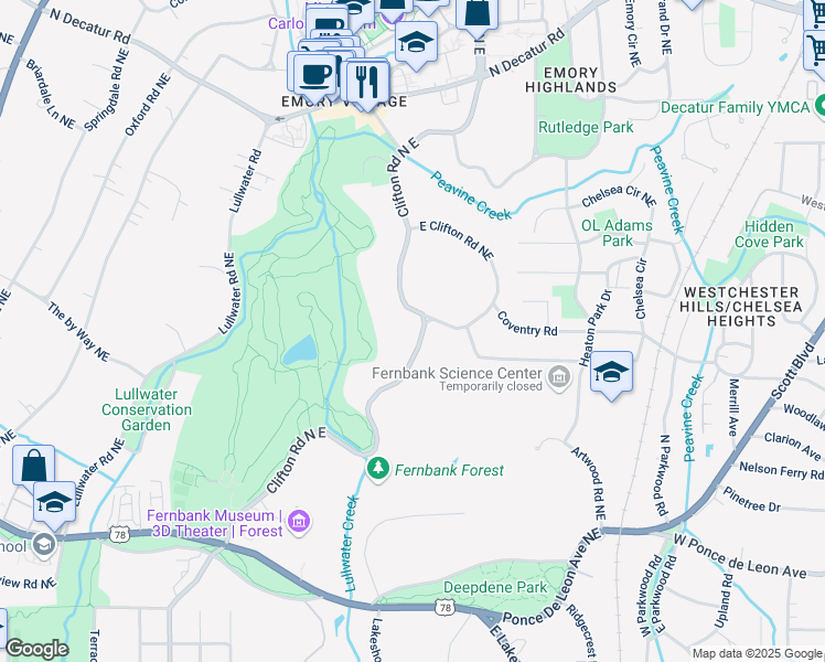 map of restaurants, bars, coffee shops, grocery stores, and more near 956 Clifton Road North East in Atlanta