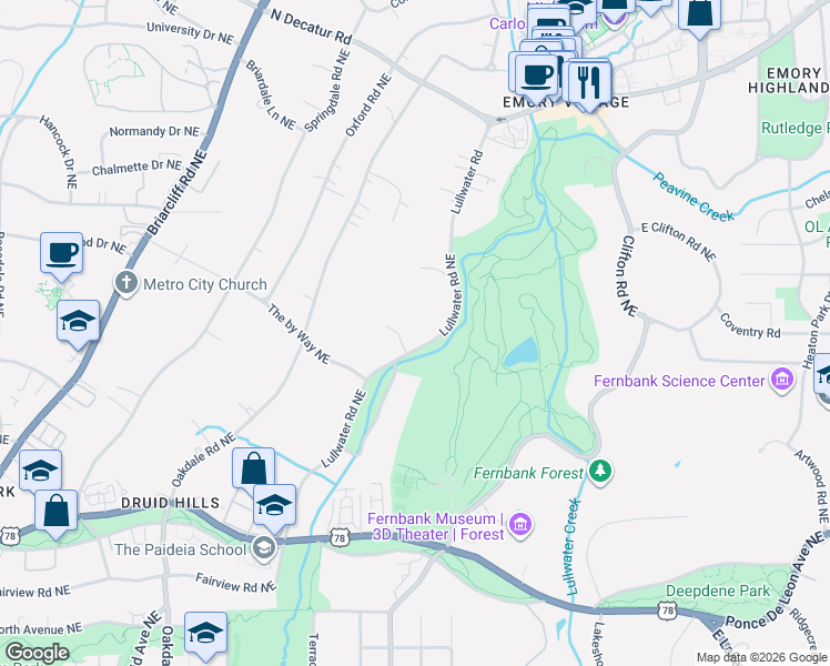 map of restaurants, bars, coffee shops, grocery stores, and more near 948 Lullwater Road Northeast in Atlanta