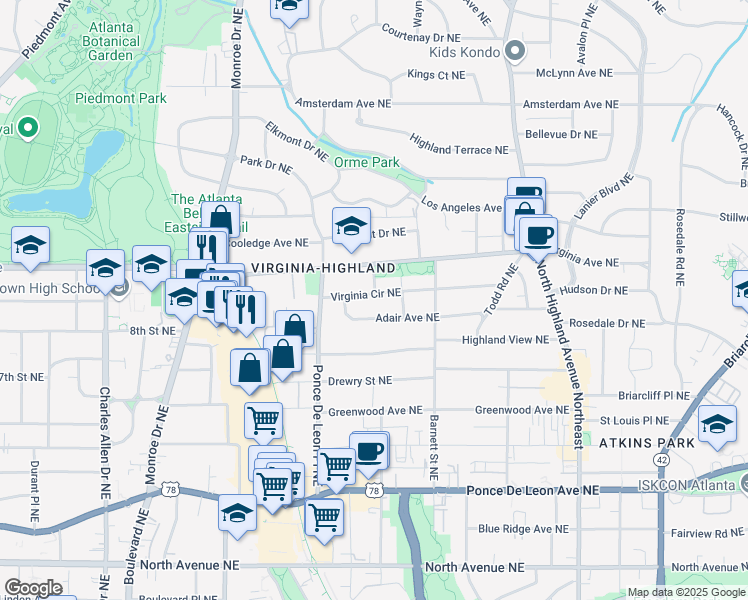 map of restaurants, bars, coffee shops, grocery stores, and more near 788 Adair Avenue Northeast in Atlanta