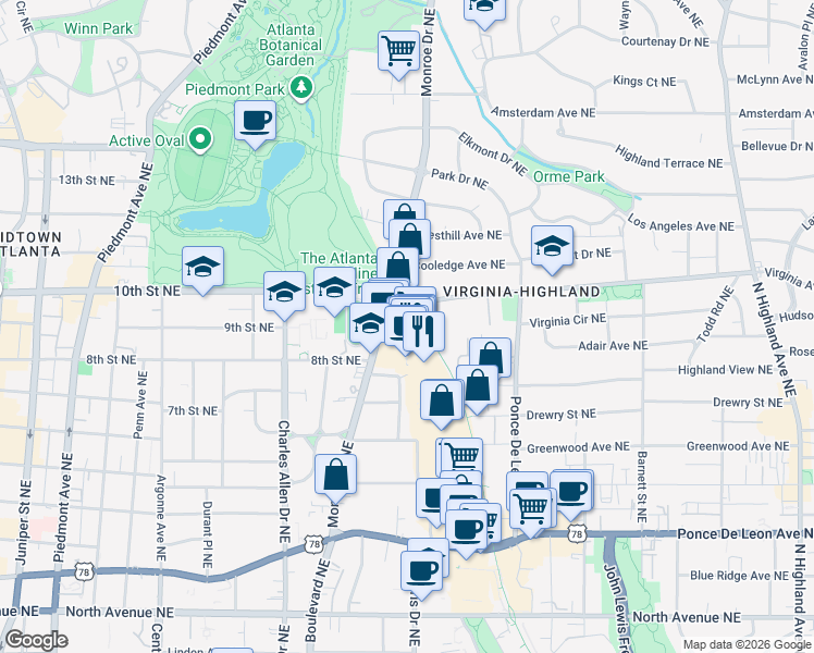 map of restaurants, bars, coffee shops, grocery stores, and more near 931 Monroe Drive Northeast in Atlanta