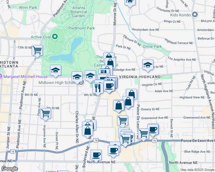 map of restaurants, bars, coffee shops, grocery stores, and more near 587 Virginia Avenue Northeast in Atlanta