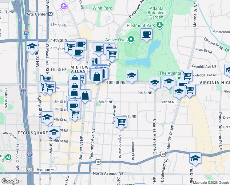 map of restaurants, bars, coffee shops, grocery stores, and more near 928 Argonne Avenue Northeast in Atlanta