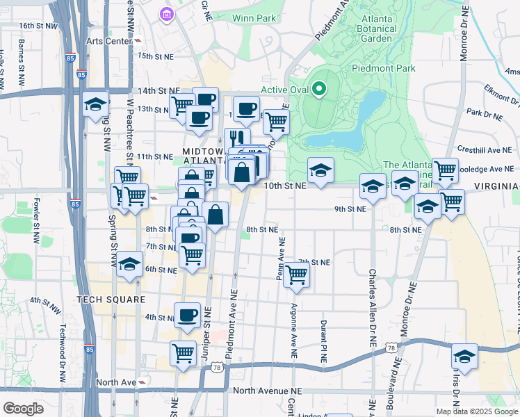 map of restaurants, bars, coffee shops, grocery stores, and more near 921 Myrtle Street Northeast in Atlanta