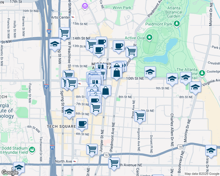 map of restaurants, bars, coffee shops, grocery stores, and more near 126 8th Street Northeast in Atlanta