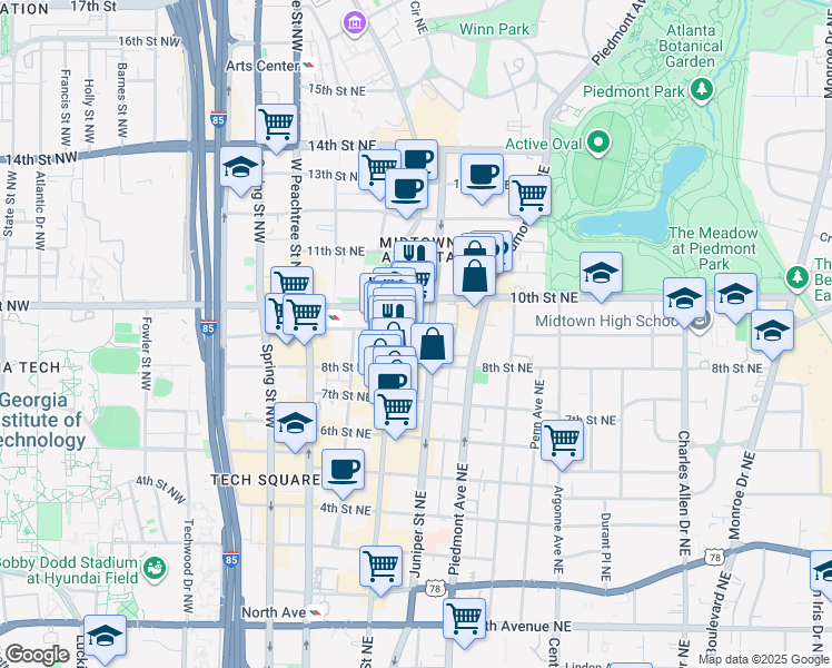 map of restaurants, bars, coffee shops, grocery stores, and more near 126 8th Street Northeast in Atlanta