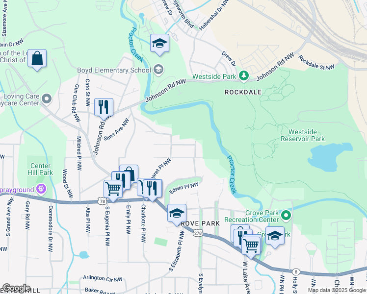 map of restaurants, bars, coffee shops, grocery stores, and more near 1800 Charles Place Northwest in Atlanta