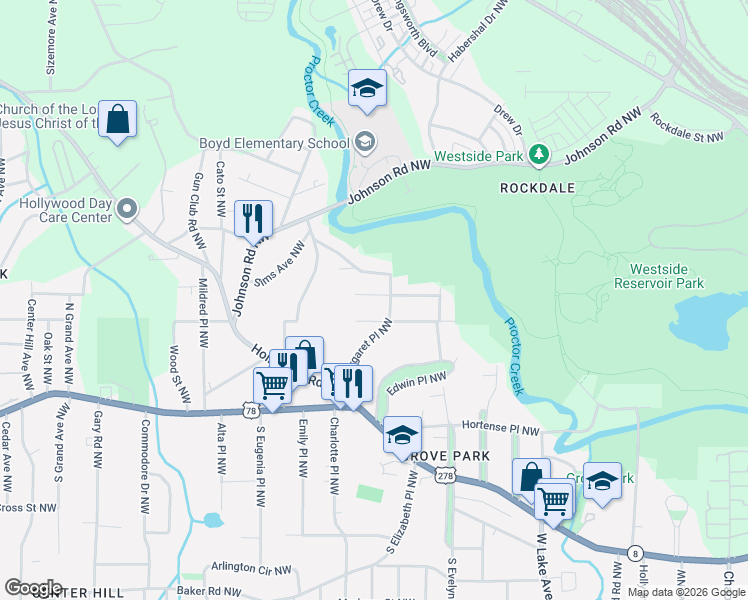 map of restaurants, bars, coffee shops, grocery stores, and more near 94 Margaret Place Northwest in Atlanta