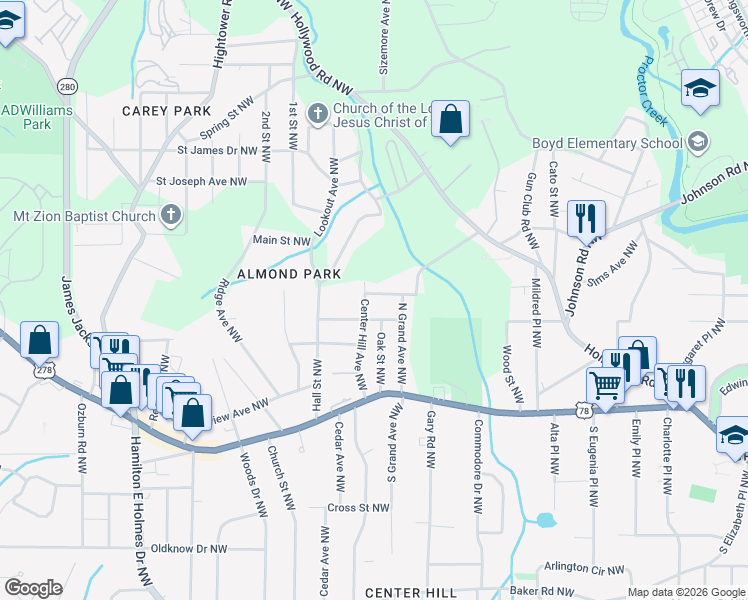 map of restaurants, bars, coffee shops, grocery stores, and more near 2309 Hill Street Northwest in Atlanta