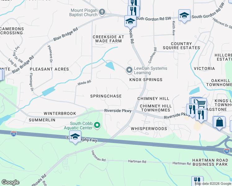 map of restaurants, bars, coffee shops, grocery stores, and more near 7136 Springchase Way in Austell