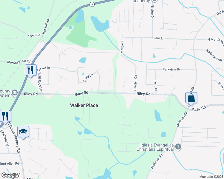 map of restaurants, bars, coffee shops, grocery stores, and more near 3578 Riley Road in Douglasville