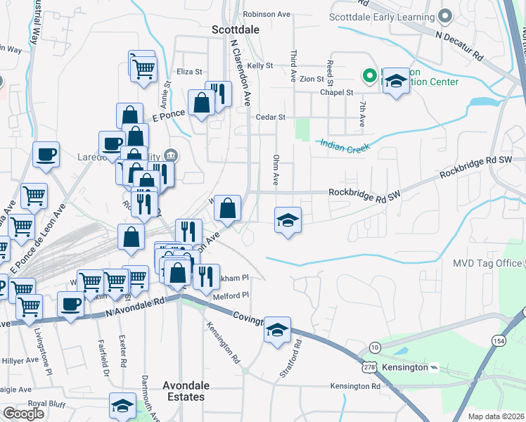 map of restaurants, bars, coffee shops, grocery stores, and more near 213 1st Avenue in Avondale Estates