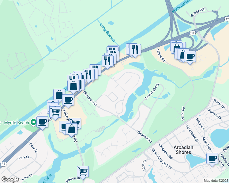 map of restaurants, bars, coffee shops, grocery stores, and more near 9764 Leyland Drive in Myrtle Beach