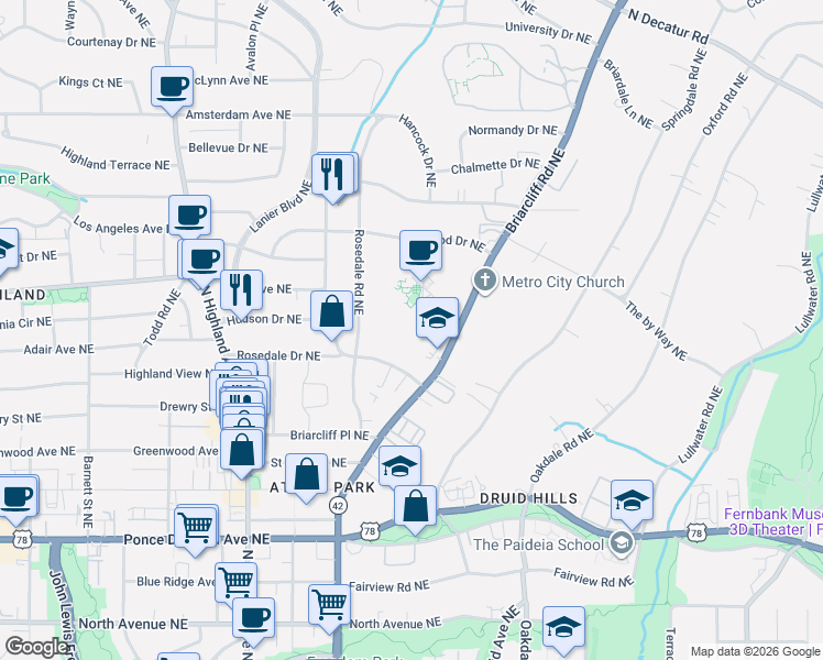 map of restaurants, bars, coffee shops, grocery stores, and more near 1236 Virginia Avenue Northeast in Atlanta