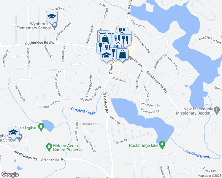map of restaurants, bars, coffee shops, grocery stores, and more near 7130 Biltmore Way in Lithonia
