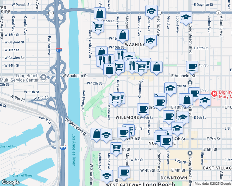 map of restaurants, bars, coffee shops, grocery stores, and more near 1121 Daisy Avenue in Long Beach