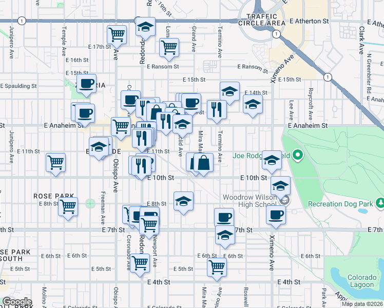 map of restaurants, bars, coffee shops, grocery stores, and more near 1088 Grand Avenue in Long Beach