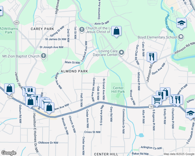 map of restaurants, bars, coffee shops, grocery stores, and more near 2294 Sisk Street Northwest in Atlanta