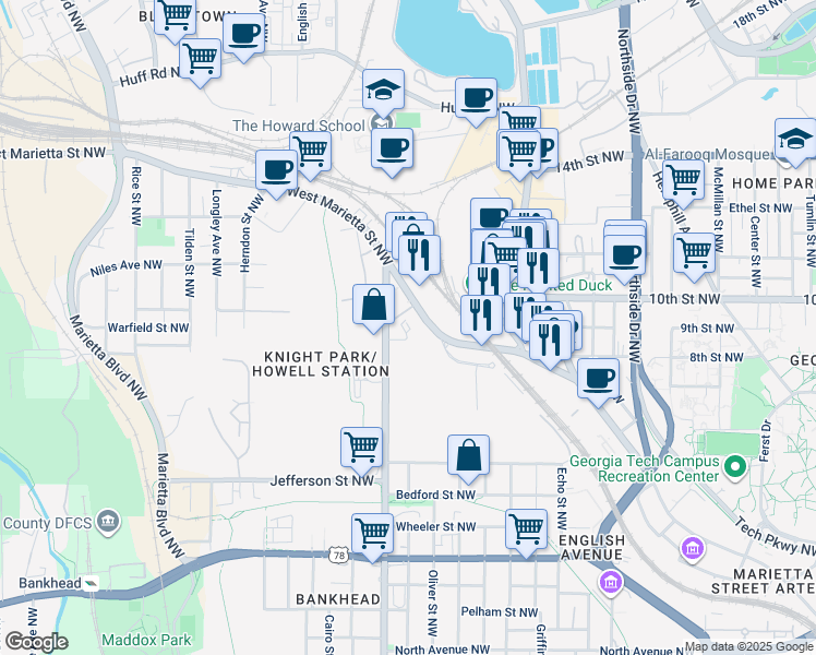 map of restaurants, bars, coffee shops, grocery stores, and more near 820 West Marietta Street Northwest in Atlanta