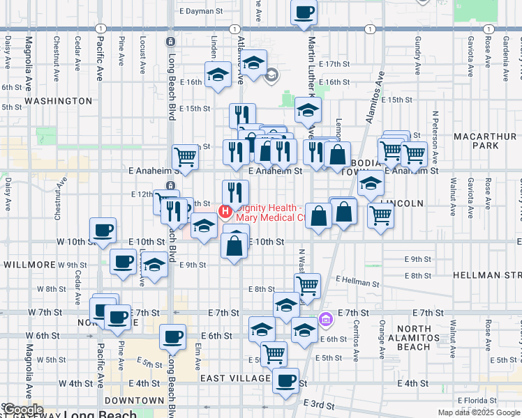 map of restaurants, bars, coffee shops, grocery stores, and more near 1086 Lime Avenue in Long Beach